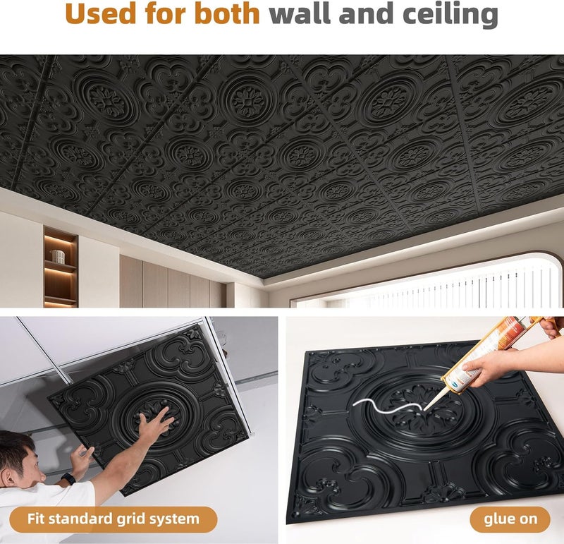 WOWSTAR 12-Pack 24"x24" Drop Ceiling Tiles, Waterproof Glue up Ceiling Panels, Black - Image 4